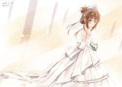 Rule 34 | 10s, 1girl, 2014, artist name, brown eyes, brown hair, dated, dress, elbow gloves, errant, folded ponytail, gloves, inazuma (kancolle), kantai collection, solo, wedding dress