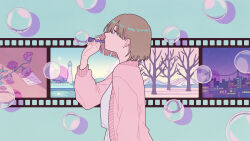 Rule 34 | 1girl, blue eyes, brown hair, bubble, blowing bubbles, cardigan, cityscape, dress, film reel, flower, highres, long sleeves, mountain, original, paper, pink cardigan, profile, purple flower, shadow, shi oo, short hair, solo, tower, tree, upper body, white dress