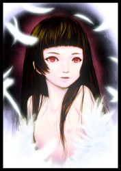 Rule 34 | 1girl, black hair, blunt bangs, chyko7080, feathers, flat chest, lips, long hair, nipples, nude, parted lips, red eyes, solo, upper body