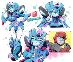 Rule 34 | 1boy, 1girl, autobot, blue eyes, blush, character name, chromia, hand on own hip, hand on own face, insignia, ironhide, looking at viewer, mecha, multiple views, no humans, ojou-sama pose, pointing, pointing up, robot, smile, sparkle, sunafuki tabito, thigh gap, thumbs up, transformers, transformers: war for cybertron trilogy, tsurime