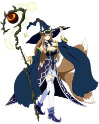 Rule 34 | 1girl, animal ears, blue hat, bracelet, breasts, brown hair, cleavage, collarbone, detached sleeves, fox ears, fox tail, full body, green eyes, hat, holding, holding clothes, holding hat, holding staff, jewelry, large breasts, log horizon, long hair, looking at viewer, miniskirt, multiple tails, official art, pleated skirt, purple footwear, skirt, smile, solo, staff, standing, sylvia (log horizon), tail, thighhighs, transparent background, two tails, very long hair, white skirt, white thighhighs, witch hat, zettai ryouiki