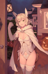 Rule 34 | 1girl, :d, bigrbear, blonde hair, cape, clenched hand, cowboy shot, door, elbow gloves, flat chest, fur-trimmed cape, fur trim, gloves, green eyes, grin, hair intakes, halloween, headgear, highres, jack-o&#039;-lantern, lantern, leotard, looking at viewer, night, night sky, open mouth, original, outdoors, pumpkin, short hair, sky, smile, solo, strapless, strapless leotard, teeth, thighhighs, thighs, town, white cape, white gloves, white leotard, white thighhighs