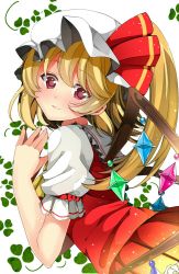 Rule 34 | 1girl, ascot, bad id, bad pixiv id, blonde hair, blush, fingers together, flandre scarlet, hat, hat ribbon, highres, long hair, looking at viewer, looking to the side, mob cap, puffy short sleeves, puffy sleeves, red eyes, red ribbon, red skirt, ribbon, short sleeves, side ponytail, simple background, skirt, skirt set, smile, solo, suzuka (nonnonsuzuki20), touhou, vest, wings