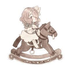 Rule 34 | 1girl, aged down, ai-wa, blush, bow, camilla (fire emblem), child, dress, fire emblem, fire emblem fates, from side, full body, hairband, highres, long sleeves, looking at viewer, nintendo, pink hair, riding, ringlets, rocking horse, shoes, short hair, sideways glance, simple background, solo, white background, white dress, white footwear