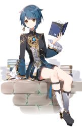 Rule 34 | 1boy, a.a (aa772), black footwear, black jacket, black shorts, black socks, blue hair, book, book stack, boots, brick wall, brown eyes, chinese clothes, closed mouth, commentary request, full body, genshin impact, hand up, highres, holding, holding book, jacket, long sleeves, male focus, open book, short shorts, shorts, sitting, sleeves past wrists, socks, solo, white background, wide sleeves, xingqiu (genshin impact)
