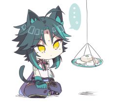 Rule 34 | &quot;sweet dream&quot; (genshin impact), ..., 1boy, ahoge, animal ears, arm tattoo, asymmetrical gloves, bead necklace, beads, cat ears, cat tail, chibi, closed mouth, facial mark, food, forehead mark, genshin impact, gloves, highres, jewelry, male focus, necklace, plate, ryu genshin77, simple background, sitting, solo, spoken ellipsis, tail, tattoo, tofu, uneven gloves, white background, xiao (genshin impact), yellow eyes