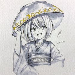 Rule 34 | 1girl, bowl, bowl hat, dated, hand on headwear, hat, highres, japanese clothes, kimono, long sleeves, looking at viewer, monochrome, obi, open mouth, sash, short hair, signature, smile, solanikieru, solo, spot color, sukuna shinmyoumaru, touhou, wide sleeves