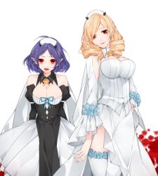 Rule 34 | 10s, 2girls, blonde hair, blue hair, breasts, bride, chess belle, choker, cleavage, detached collar, detached sleeves, dress, drill hair, fang, fang out, fangs, flower, frilled legwear, groom, hanasato (okashino), hand on own hip, highres, horn skuld, large breasts, long hair, looking at viewer, multiple girls, owari no seraph, pointy ears, red eyes, short hair, smile, thighhighs, twin drills, vampire, white dress, white legwear