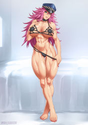 Rule 34 | 1girl, abs, bikini, blue eyes, breasts, capcom, collar, elee0228, final fight, hat, highres, large breasts, long legs, looking at viewer, midriff, muscular, muscular female, pink hair, poison (final fight), police hat, second-party source, speh, swimsuit