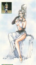 Rule 34 | 1990s (style), 1girl, adjusting hair, anklet, arm up, breasts, cleavage, dress, elbow gloves, gensou suikoden, gensou suikoden i, gensou suikoden ii, gloves, high heels, high ponytail, highres, jeane (suikoden), jewelry, large breasts, leg up, legs, long legs, narrow waist, official art, pixel art, ponytail, retro artstyle, rhapsodia, scan, shoes, side slit, sitting, solo, strap gap, thighs, wavy hair, white dress, white hair