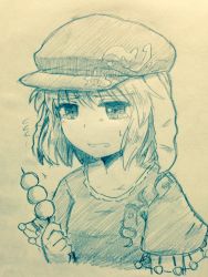 Rule 34 | 1girl, animal ears, commentary request, dango, efukei, floppy ears, flying sweatdrops, food, hat, holding, holding food, monochrome, open mouth, rabbit ears, ringo (touhou), shirt, short hair, short sleeves, solo, sweat, tearing up, tears, touhou, traditional media, upper body, wagashi