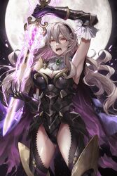 Rule 34 | 1girl, absurdres, armored leotard, armpits, black panties, breasts, brooch, cameltoe, cape, cleavage, corrin (female) (fire emblem), corrin (fire emblem), elbow gloves, fire emblem, fire emblem fates, fire emblem heroes, full moon, furrowed brow, gloves, gluteal fold, grey hair, hairband, highres, jewelry, large breasts, long hair, looking at viewer, magic, moon, nintendo, official alternate costume, panties, pointy ears, purple cape, red eyes, shouting, sobasakuhin, solo, underwear, yato (fire emblem)