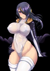 Rule 34 | 10s, 1girl, black background, black hair, black jacket, breasts, covered navel, cowboy shot, curvy, emperor penguin (kemono friends), hair over one eye, hand on own hip, headphones, highleg, highleg leotard, highres, impossible clothes, impossible leotard, jacket, kemono friends, large breasts, leotard, long hair, looking at viewer, multicolored hair, puffy nipples, red eyes, simple background, smile, solo, thighhighs, torahime (roland00), white leotard, white thighhighs, wide hips