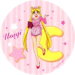 Rule 34 | 1990s (style), 1girl, apron, bishoujo senshi sailor moon, blonde hair, blue eyes, character name, full body, long hair, official art, pink theme, retro artstyle, solo, standing, star (symbol), striped apron, striped clothes, tsukino usagi, very long hair