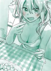 Rule 34 | 1girl, :d, bare arms, bare shoulders, blush, bow, bra strap, breasts, camisole, cleavage, collarbone, commentary request, eating, fang, fingernails, green theme, hair bow, highres, holding, jewelry, kantai collection, looking at viewer, medium breasts, monochrome, open mouth, ring, sitting, smile, solo, table, tone (kancolle), two side up, wedding band, yami (m31)