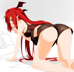 Rule 34 | 1girl, all fours, alternate costume, ass, bare legs, bare shoulders, bent over, blush, breasts, camisole, female focus, finger to mouth, from behind, gotyou, head wings, koakuma, long hair, patchouli knowledge, pillow, pointy ears, red eyes, red hair, shorts, shushing, sketch, solo, touhou, underboob, very long hair, wings