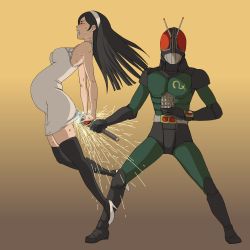 Rule 34 | 10s, 1boy, 1girl, arched back, artist request, black thighhighs, blush, breasts, clenched teeth, closed eyes, crossover, energy sword, artistic error, gradient background, hairband, high heels, highres, kamen rider, kamen rider black rx, kamen rider black rx (series), kanchou, kumashiro maya, large insertion, legs, looking at viewer, object insertion, pregnant, revolcane, seikimatsu occult gakuin, shoes, simple background, skindentation, smile, standing, sweat, sword, teeth, thighhighs, weapon, weapon insertion, what