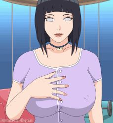 Rule 34 | 1girl, animated, animated gif, artist name, black hair, boruto: naruto next generations, bouncing breasts, breasts, breasts squeezed together, choker, clothes pull, collarbone, couch, grabbing, grabbing another&#039;s breast, grabbing own breast, huge breasts, hyuuga hinata, jewelry, lips, long hair, looking at viewer, mature female, naruto (series), navel, nipples, no bra, open mouth, purple shirt, raikageart, ring, shirt, shirt pull, short hair, smile, stomach, unbuttoning, wedding ring, white eyes
