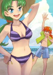 Rule 34 | 1boy, 1girl, beach, bikini, bis toratora, blue eyes, breasts, cloud, commission, goggles, goggles on headwear, grandia, grandia i, green hair, hat, justin (grandia), lily (grandia), long hair, looking at viewer, medium breasts, mother and son, navel, ocean, open mouth, outdoors, red hair, sand, shorts, skeb commission, smile, swim ring, swimsuit