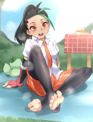 Rule 34 | 1girl, absurdres, barefoot, black hair, creatures (company), feet, game freak, highres, long hair, looking at viewer, nemona (pokemon), nintendo, open mouth, orange eyes, pokemon, pokemon sv, ponytail, shorts, soles, steam, striped clothes, striped shorts, sweat, toeless legwear, toes