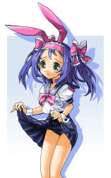 Rule 34 | animal ears, blue hair, blush, clothes lift, green eyes, katahira masashi, long hair, old school swimsuit, one-piece swimsuit, playboy bunny swimsuit, rabbit ears, school swimsuit, school uniform, skirt, skirt lift, swimsuit, swimsuit under clothes, wet, wet clothes, wrist cuffs