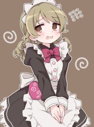 Rule 34 | 1girl, alternate costume, apron, black dress, blush, brown background, brown eyes, brown hair, dress, earrings, enmaided, flying sweatdrops, frilled apron, frills, heart, idolmaster, idolmaster cinderella girls, jewelry, juliet sleeves, long hair, long sleeves, maid, maid apron, morikubo nono, open mouth, own hands together, puffy sleeves, ringlets, simple background, solo, tadanoshi kabane, wavy mouth, white apron