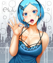 Rule 34 | 1girl, absurdres, akano murasaki, bare shoulders, black hairband, blue dress, blue eyes, blue hair, blush, breasts, brown eyelashes, character name, cleavage, collarbone, dress, elulu flannel, female focus, food, frills, hair ornament, hairband, hairclip, highres, large breasts, looking at viewer, nail polish, open mouth, original, pink nails, pocky, pocky day, rain, solo, tongue, town, upper body