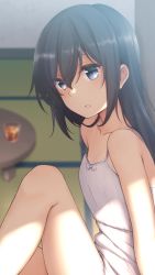 Rule 34 | 1girl, asashio (kancolle), bare arms, bare shoulders, black hair, blue eyes, blurry, blurry background, bow, collarbone, commentary request, cup, depth of field, dress, drink, drinking glass, eyebrows hidden by hair, hair between eyes, highres, indoors, kantai collection, knee up, long hair, nagami yuu, parted lips, sitting, sleeveless, sleeveless dress, solo, table, white bow, white dress