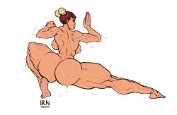 Rule 34 | 1girl, artist name, artist request, ass, back, backboob, breasts, brown hair, bun cover, capcom, chun-li, completely nude, double bun, feet, from behind, full body, hair bun, large breasts, non-web source, nude, short hair, soles, solo, street fighter, sweat, tagme, thick thighs, thighs, white background
