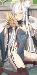 Rule 34 | 1girl, bad id, bad twitter id, bare shoulders, breasts, brown thighhighs, china dress, chinese clothes, cleavage, detached sleeves, double bun, dress, earrings, folding fan, freng, garter straps, grey dress, hair bun, hand fan, highres, holding, horns, jewelry, kneeling, long hair, long sleeves, looking at viewer, medium breasts, no shoes, oni horns, orange eyes, original, parted lips, pelvic curtain, sidelocks, single horn, solo, thighhighs, thighs, very long hair, white hair, wide sleeves