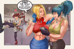Rule 34 | 3girls, atmolove, belt, black gloves, blonde hair, blue hair, blue mary, bob cut, boots, braid, breasts, brown eyes, brown hair, cleavage, commentary, dougi, earrings, english commentary, english text, fatal fury, fingerless gloves, fingernails, gloves, hands up, headband, japanese clothes, jewelry, large breasts, leona heidern, lips, long hair, multiple girls, ponytail, red headband, single braid, sleeveless, smile, snk, solo, star (symbol), starry background, the king of fighters, the king of fighters all-stars, v, yuri sakazaki