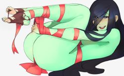 Rule 34 | 1girl, ass, barefoot, black hair, blue eyes, blush, bound, chocolate, colored skin, feet, green skin, hair over one eye, highres, long hair, looking at viewer, mole, nina (scathegrapes), nude, open mouth, orc, ribbon, ribbon bondage, scathegrapes, soles, toes