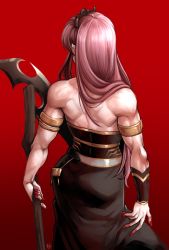 Rule 34 | 1girl, armlet, back, black dress, commentary, dress, english commentary, facing away, from behind, gradient background, highres, holding, holding scythe, hololive, hololive english, long hair, mori calliope, muscular, muscular female, nail polish, pink hair, red background, red nails, ryuuen, scythe, sidelocks, simple background, solo, tiara, toned, virtual youtuber