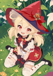 Rule 34 | 1girl, absurdres, bag, baozi 9527, between legs, black footwear, black gloves, blonde hair, blush, bow, bow legwear, bowtie, dress, dress bow, flower, frilled dress, frills, genshin impact, glove bow, gloves, hand between legs, hat, hat bow, highres, klee (blossoming starlight) (genshin impact), klee (genshin impact), leaf, long hair, looking at viewer, low twintails, official alternate costume, on grass, open mouth, outdoors, pointy ears, puffy short sleeves, puffy sleeves, red bow, red bowtie, red dress, red eyes, red hat, shirt, short sleeves, sitting, smile, solo, thighhighs, twintails, vision (genshin impact), wariza, white shirt, white thighhighs, witch hat