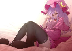 Rule 34 | 1girl, black thighhighs, capelet, crescent, dress, gradient background, hat, long hair, long sleeves, looking at viewer, mob cap, open clothes, patchouli knowledge, purple eyes, purple hair, sitting, solo, striped clothes, striped dress, thighhighs, touhou, watchi, wide sleeves, zettai ryouiki