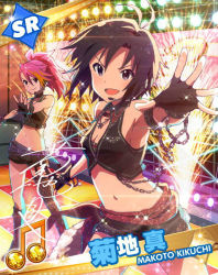 Rule 34 | &gt;:d, 10s, 2girls, :d, asymmetrical clothes, beamed quavers, black hair, card (medium), chain, character name, crop top, fingerless gloves, fishnets, gloves, headset, idolmaster, idolmaster (classic), idolmaster million live!, jewelry, kikuchi makoto, looking at viewer, lots of jewelry, maihama ayumu, midriff, multicolored hair, multiple girls, musical note, navel, necklace, official art, open mouth, pink hair, short hair, shorts, smile, stage, stage lights, v-shaped eyebrows