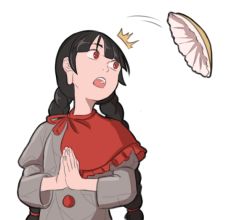 Rule 34 | 1girl, ajirogasa, black hair, braid, buttons, capelet, commentary, dress, earlobes, grey dress, hat, unworn hat, unworn headwear, long earlobes, long hair, mefomefo, open mouth, own hands together, red eyes, red ribbon, ribbon, solo, touhou, twin braids, upper body, white background, yatadera narumi