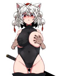 Rule 34 | 1boy, 1girl, animal ears, areola slip, ass, bare shoulders, blush, breasts, cameltoe, detached sleeves, formicid, gluteal fold, groping, hand on another&#039;s chest, hand under clothes, hat, heattech leotard, inubashiri momiji, large breasts, open mouth, pom pom (clothes), red eyes, short hair, simple background, sword, thighs, tokin hat, touhou, turtleneck, undressing another, weapon, white background, white hair, wolf ears