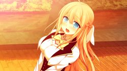 Rule 34 | 1girl, blonde hair, blue eyes, blush, bow, bowtie, breasts, donuthouse, evening, female focus, furoura aruse noriumu neon, game cg, hair ribbon, large breasts, long hair, looking at viewer, mayachi (amuriya), open mouth, ribbon, road, school uniform, solo, standing, street, valkyrie runabout!