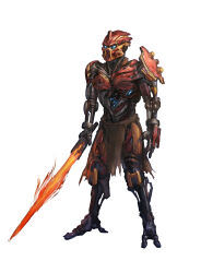 Rule 34 | absurdres, bionicle, commentary, energy sword, english commentary, full body, glowing, glowing eyes, green eyes, highres, holding, holding sword, holding weapon, humanoid robot, kanohi (bionicle), kory cromie, loincloth, looking ahead, redesign, robot, simple background, solo, standing, sword, tahu (bionicle), the lego group, weapon, white background