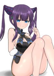 Rule 34 | 1girl, atsumisu, bad id, bad pixiv id, bare legs, bare shoulders, black dress, blue eyes, blush, breasts, cleavage, closed mouth, commentary request, convenient leg, dress, fate/grand order, fate (series), feet out of frame, hair ornament, hand up, knees up, long hair, purple hair, shadow, sitting, sleeveless, sleeveless dress, small breasts, smile, solo, thighs, twintails, white background, yang guifei (fate), yang guifei (second ascension) (fate)