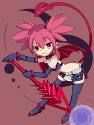 Rule 34 | 1girl, bat wings, bent over, demon girl, disgaea, earrings, elbow gloves, elder spear, etna (disgaea), fang, gloves, highres, jewelry, kd, nippon ichi, pointy ears, polearm, red eyes, red hair, skirt, solo, tail, thighhighs, twintails, weapon, wings
