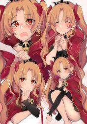 Rule 34 | 1girl, ashino, asymmetrical legwear, asymmetrical sleeves, blonde hair, blush, cape, closed eyes, commentary request, detached collar, detached sleeves, ereshkigal (fate), fate/grand order, fate (series), gold trim, hair ribbon, heart, highres, long hair, looking at viewer, multiple views, open mouth, parted bangs, red cape, red eyes, red ribbon, ribbon, single detached sleeve, single sleeve, single thighhigh, skull, smile, spoken heart, thighhighs, tiara, tohsaka rin, translation request, two side up, uneven legwear, uneven sleeves, wavy mouth