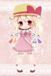 Rule 34 | 1girl, bad id, bad pixiv id, blonde hair, child, fang, female focus, flandre scarlet, haru (citron citron), hat, hat ribbon, long hair, open mouth, red eyes, ribbon, side ponytail, skirt, smile, solo, touhou, wings