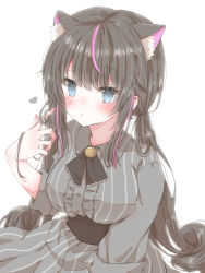 Rule 34 | 1girl, animal ears, black hair, blue eyes, blush, breasts, cat ears, commission, dress, extra ears, highres, hiro (hirohiro31), long hair, looking at viewer, medium breasts, multicolored hair, original, sitting, skeb commission, solo, streaked hair, twintails, very long hair, white background