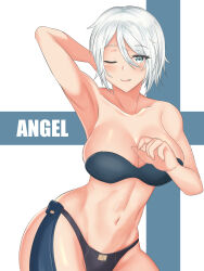 Rule 34 | 1girl, absurdres, angel (kof), armpits, breasts, character name, cleavage, highres, large breasts, looking at viewer, minori (user eket5233), navel, one eye closed, short hair, smile, solo, the king of fighters, white eyes, white hair