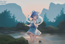 Rule 34 | 1girl, ascot, blue dress, blue eyes, blue hair, chisel, closed mouth, dress, guilty merlin, hair ornament, hair stick, highres, holding, kaku seiga, mountainous horizon, outdoors, short hair, short sleeves, signature, solo, thigh strap, touhou, vest, wading, white vest