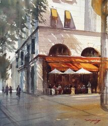 Rule 34 | 6+others, arch, building, day, fence, multiple others, nara watercolor, original, outdoors, painting (medium), restaurant, road, scenery, street, traditional media, umbrella stand, watercolor (medium)