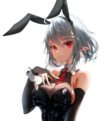 Rule 34 | 1girl, absurdres, afindex, animal ears, breasts, cuffs, elf, hair ornament, hairclip, highres, large breasts, leotard, necktie, original, playboy bunny, pointy ears, rabbit ears, red eyes, upper body, white hair