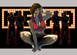 Rule 34 | 1girl, abs, bracelet, breasts, brown hair, cleavage, collar, dark-skinned female, dark skin, hair over one eye, jewelry, large breasts, lipstick, makeup, meiko (vocaloid), midriff, mole, muscular, necklace, sakamoto kengo, short hair, skirt, solo, squatting, sunglasses, vocaloid, yellow eyes
